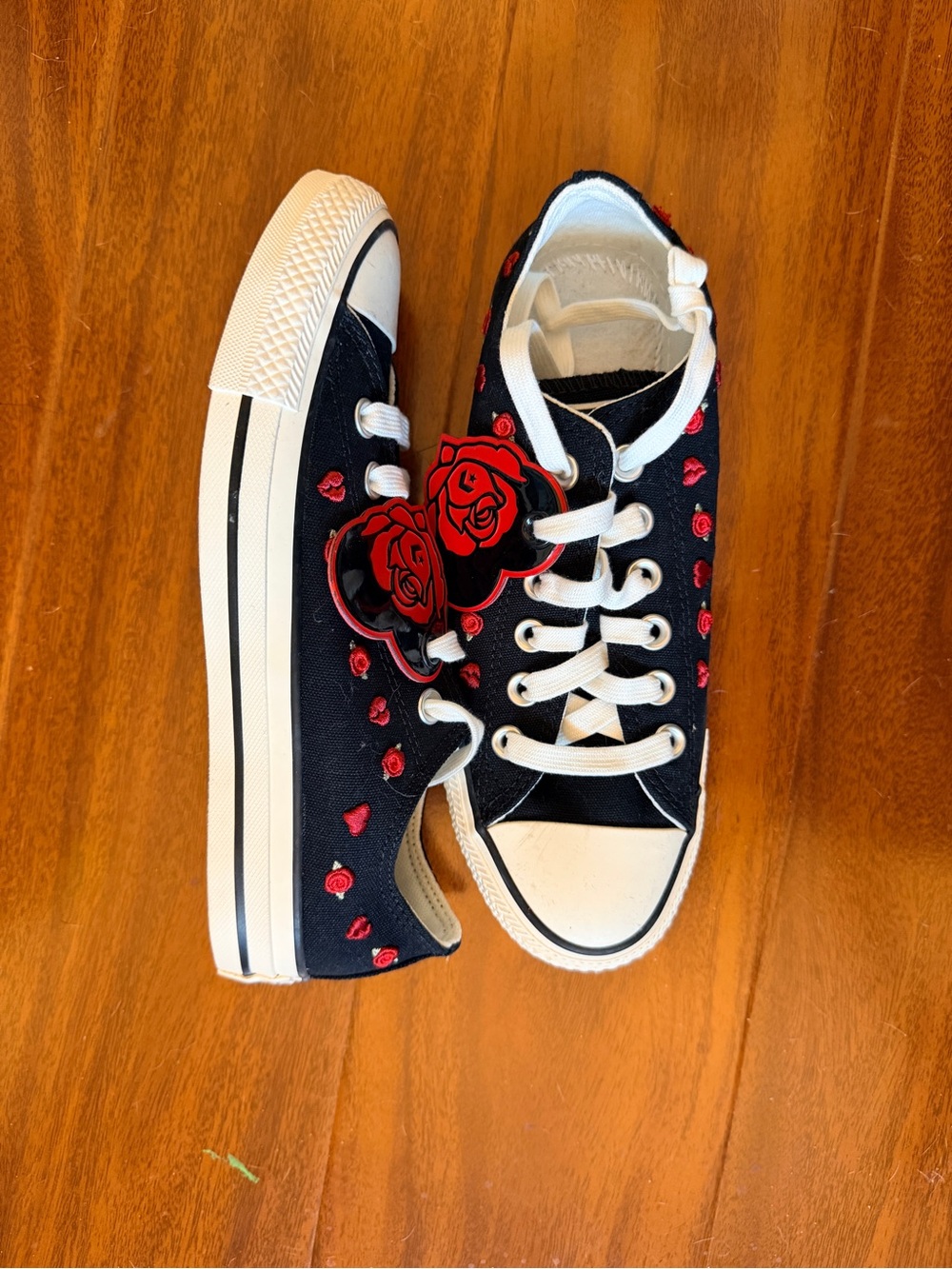 Black Canvas Women’s Sneakers with Red Rose Embroidery (missing soles) size 6.5